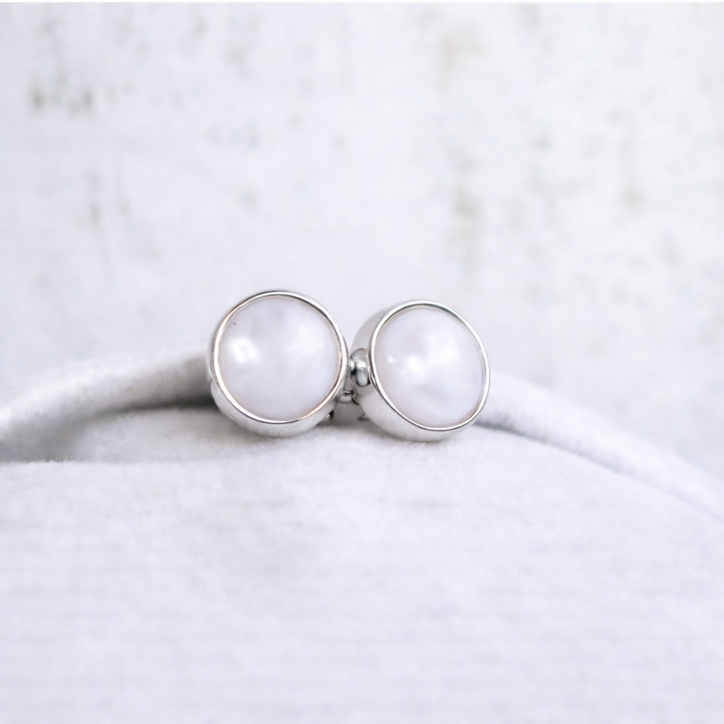 Boucles d'oreilles Mars rondes - Or Blanc, Pierre Naturelle