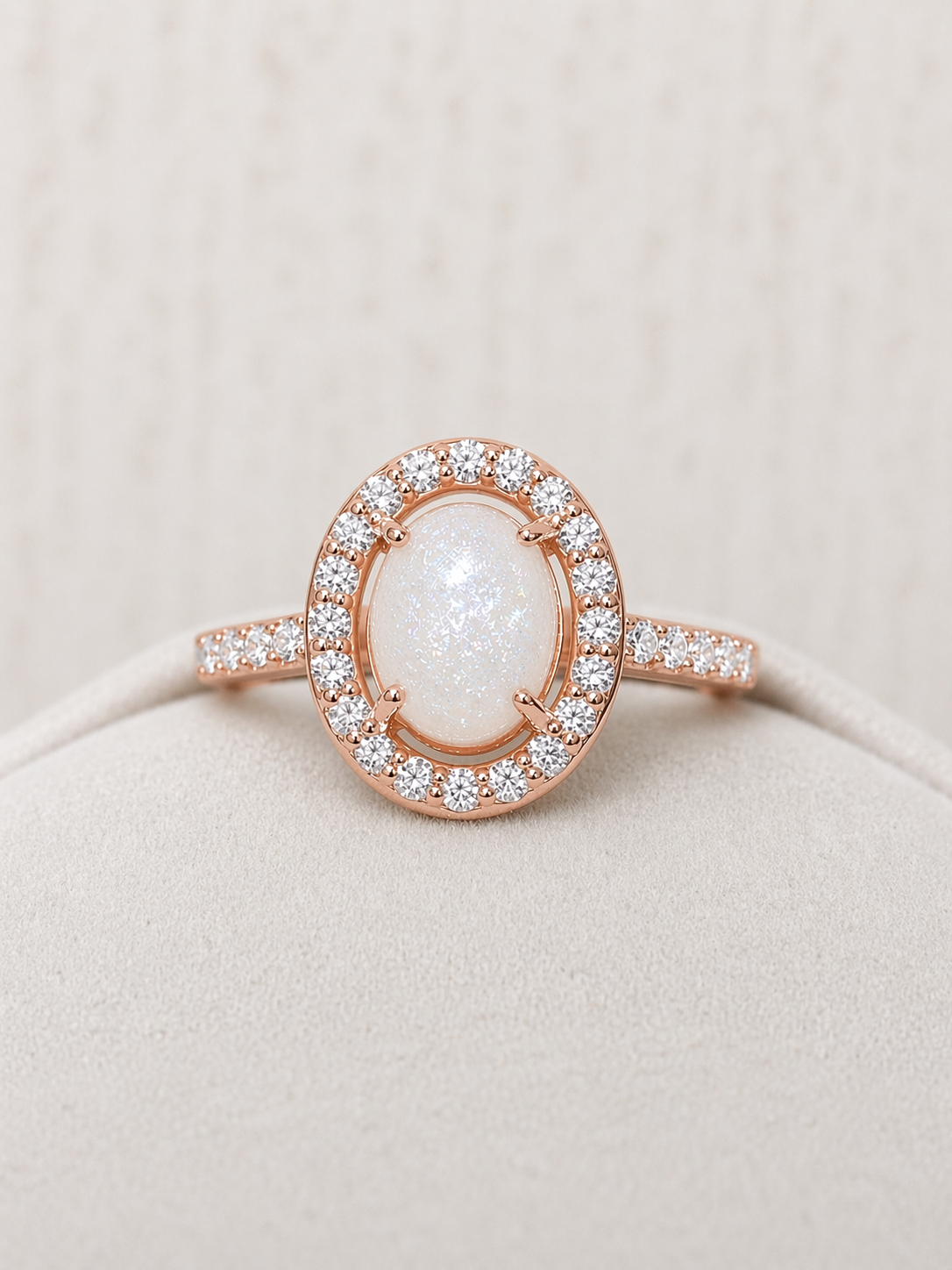 Bague Halo Or Rose, forme ovale avec pierre scintillante