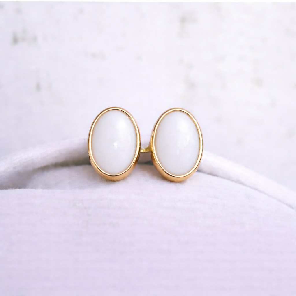 Boucles d'oreilles Mars ovales - Or Jaune, Pierre Blanche
