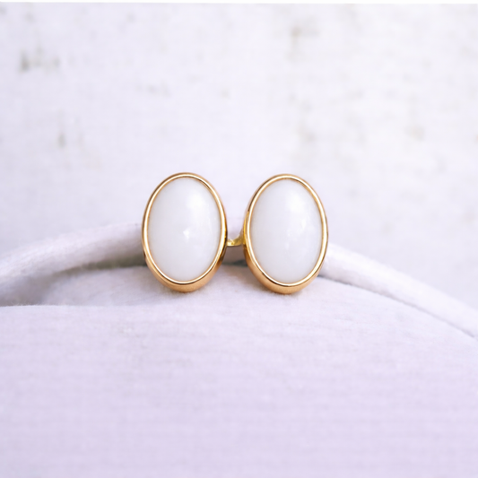Boucles d'oreilles Mars ovales - Or Jaune, Pierre Blanche